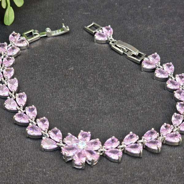 Pink_Stainless_Steel_Spinel_Flower_Shaped_Bracelet