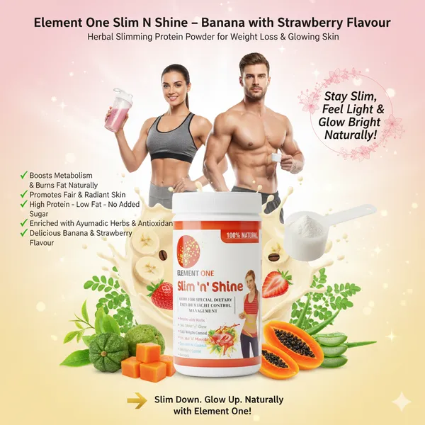 Element_One_Slim_N_Shine_–_Banana_with_Strawberry_Flavour_|_Herbal_Slimming_Protein_Powder_for_Weight_Loss,_Fair_&_Glowing_Skin_|_High_Protein,_Low_Fat,_Ayurvedic_Formula_with_No_Added_Sugar