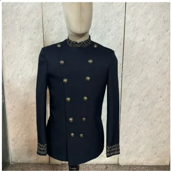 Navy_Blue_Cotton_Fabric_Double_Side_Button_Catering_Stewards_Service_Coat