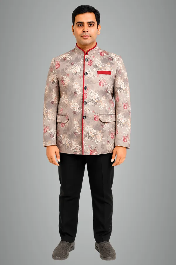 Pink_Satin_Flower_Print_Fabric_Catering_Stewards_Service_Coat