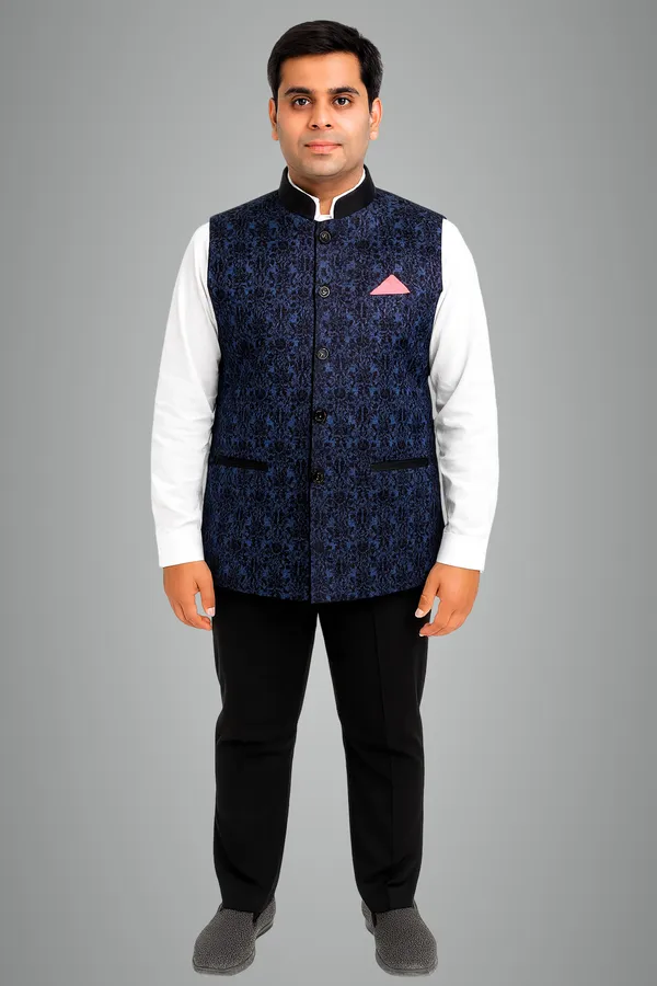 Royal_Blue_Satin_Print_Pattern_Catering_Stewards_Service_Waist_Coat
