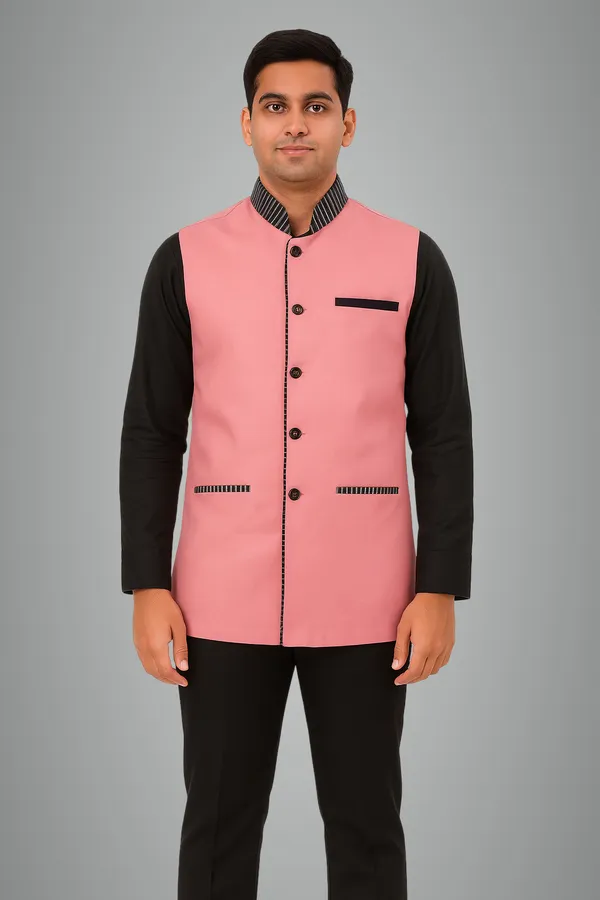 Pink_with_Black_Strip_Design_Satin_Fabric_Catering_Stewards_Waist_Coat