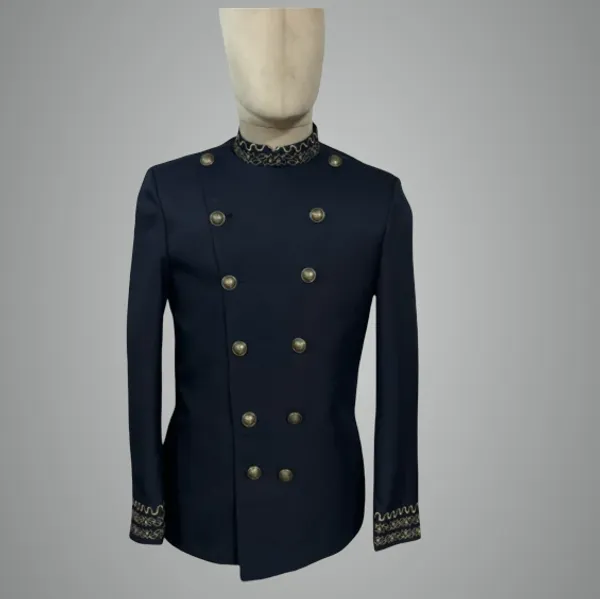 Navy_Blue_Cotton_Fabric_Double_Side_Button_Catering_Stewards_Service_Coat