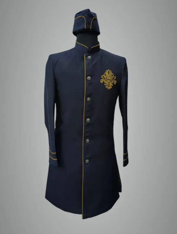 Navy_Blue_Polycotton_Fabric_Single_Centered_Button_Catering_Stewards_Service_Coat_With_Turban