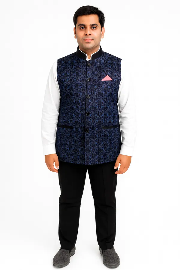 Royal_Blue_Satin_Print_Pattern_Catering_Stewards_Service_Waist_Coat
