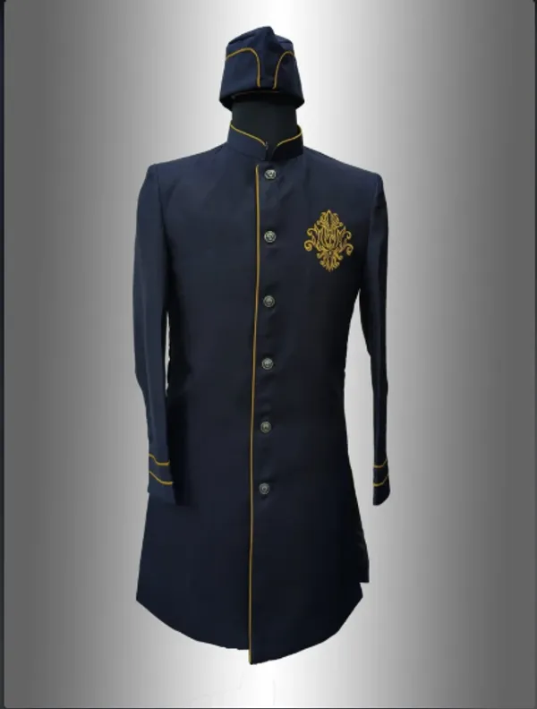 Navy_Blue_Polycotton_Fabric_Single_Centered_Button_Catering_Stewards_Service_Coat_With_Turban