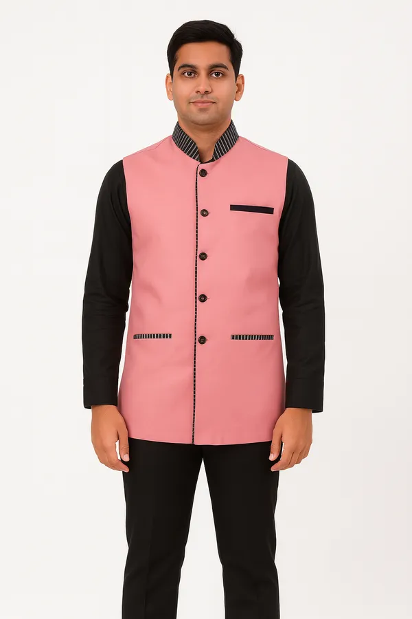 Pink_with_Black_Strip_Design_Satin_Fabric_Catering_Stewards_Waist_Coat