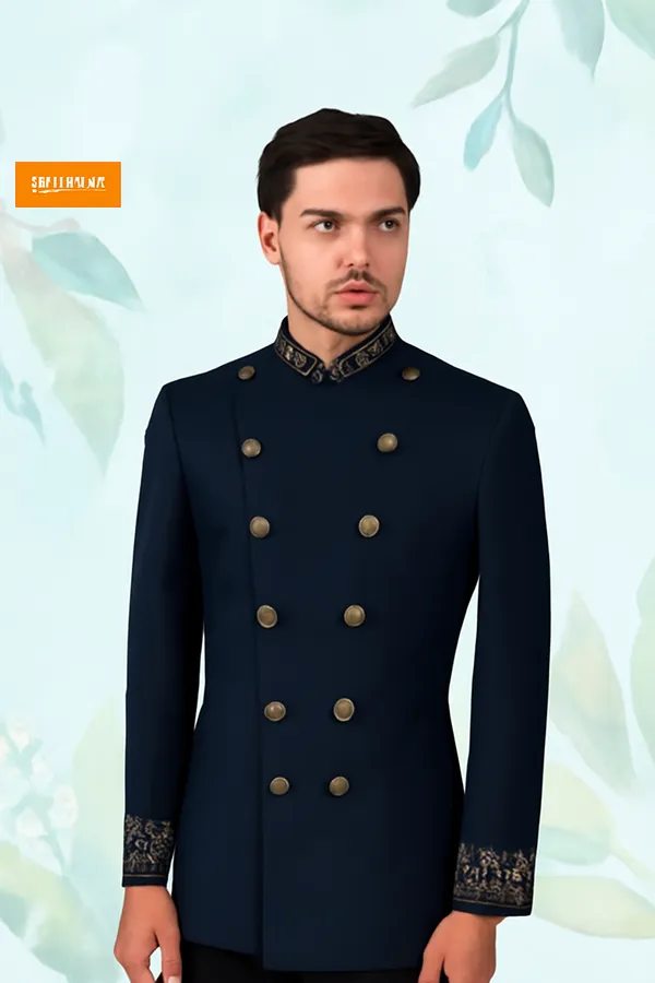 Navy_Blue_Cotton_Fabric_Double_Side_Button_Catering_Stewards_Service_Coat