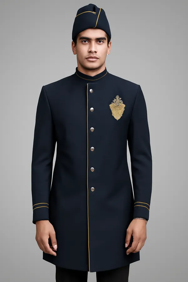 Navy_Blue_Polycotton_Fabric_Single_Centered_Button_Catering_Stewards_Service_Coat_With_Turban