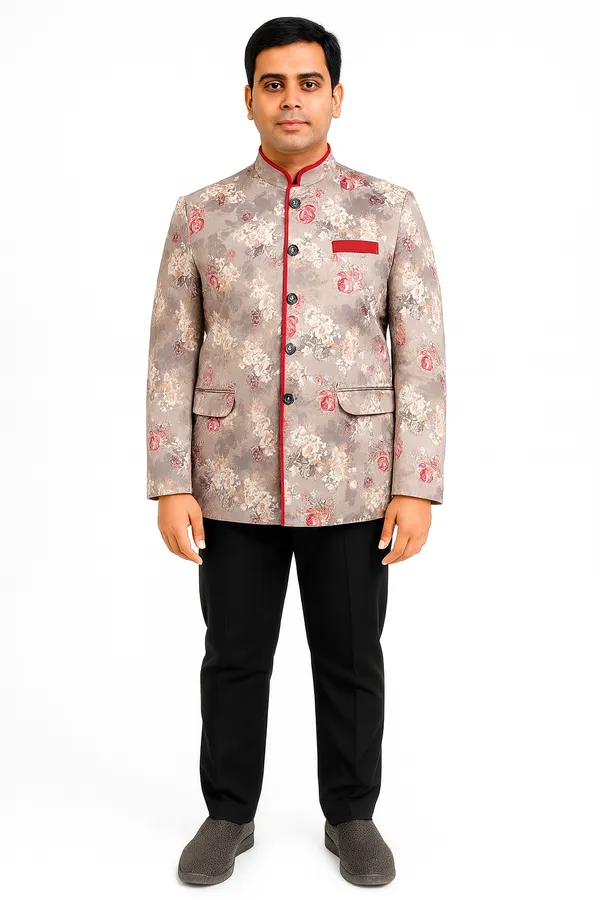 Pink_Satin_Flower_Print_Fabric_Catering_Stewards_Service_Coat