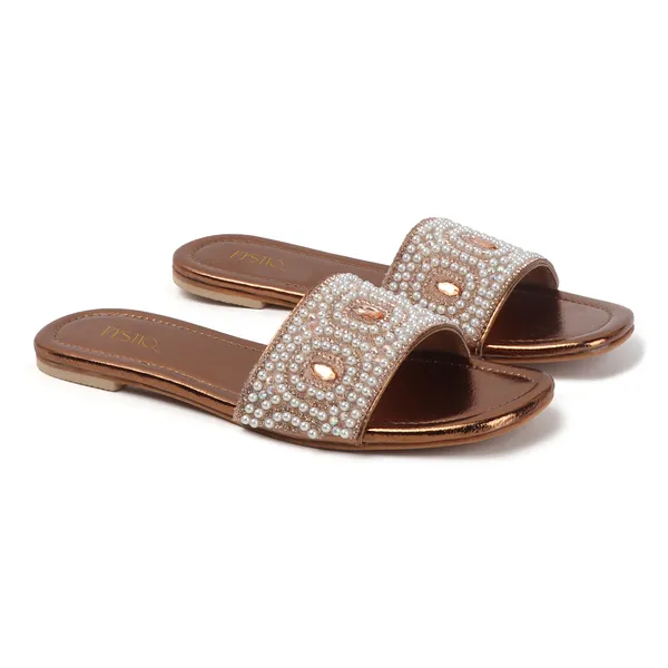 These_flat_slide_sandals_feature_a_metallic_bronze_finish_on_the_footbed_and_sole