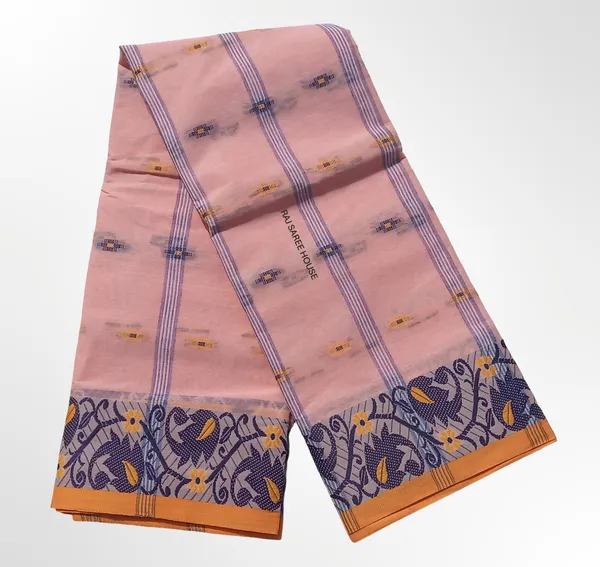 Peach_Color_Bengali_100%__Pure_Cotton_Saree_-_Handloom_Saree_Daily_Wear_Tant_Saree_without_Blouse_For_Women