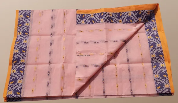 Peach_Color_Bengali_100%__Pure_Cotton_Saree_-_Handloom_Saree_Daily_Wear_Tant_Saree_without_Blouse_For_Women