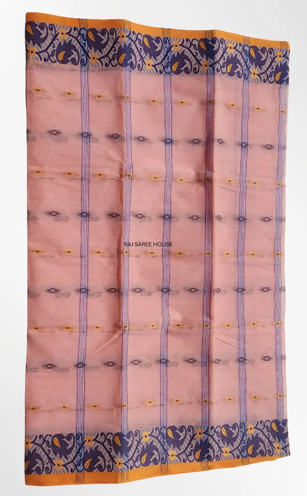 Peach_Color_Bengali_100%__Pure_Cotton_Saree_-_Handloom_Saree_Daily_Wear_Tant_Saree_without_Blouse_For_Women