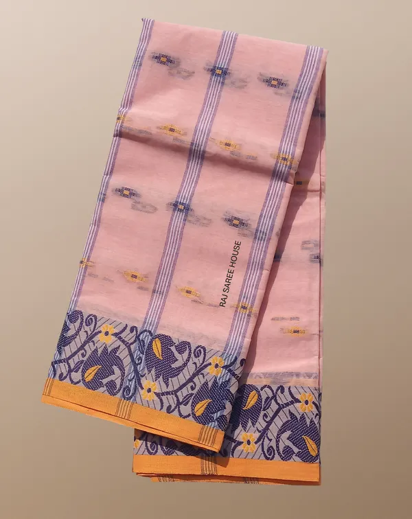 Peach_Color_Bengali_100%__Pure_Cotton_Saree_-_Handloom_Saree_Daily_Wear_Tant_Saree_without_Blouse_For_Women