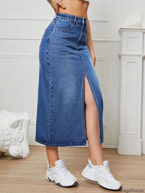 Blue_Denim_Regular_Solid_Skirt_For_Women