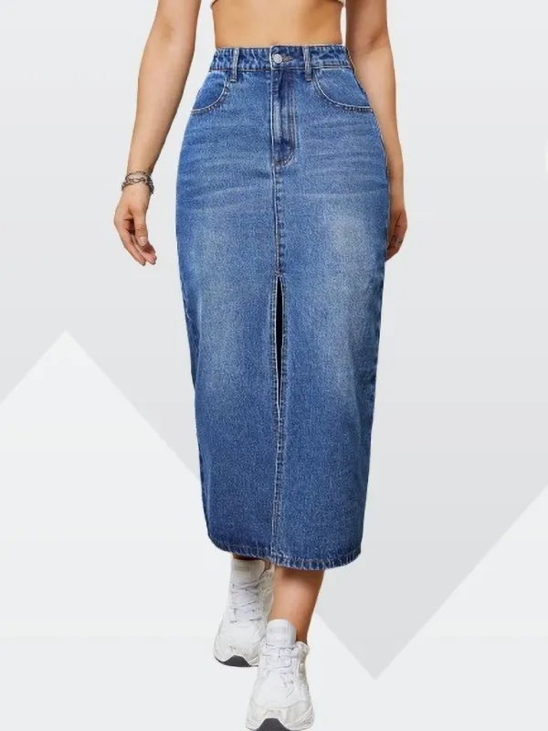 Blue_Denim_Regular_Solid_Skirt_For_Women