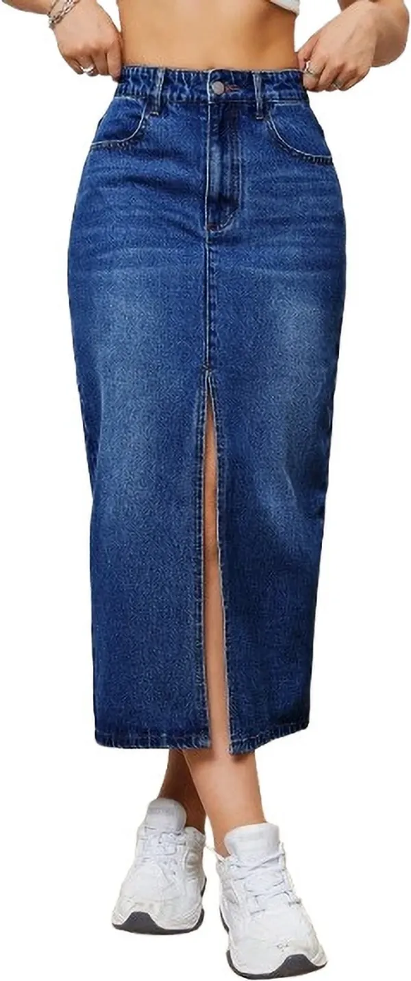Blue_Denim_Regular_Solid_Skirt_For_Women