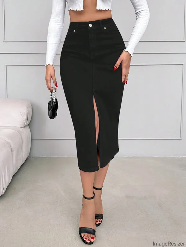 Black_Denim_Regular_Solid_Skirt_For_Women