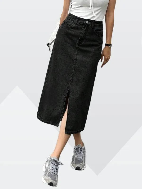 Black_Denim_Regular_Solid_Skirt_For_Women