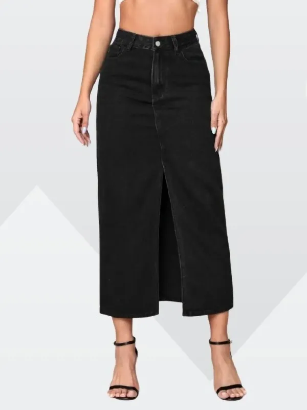 Black_Denim_Regular_Solid_Skirt_For_Women