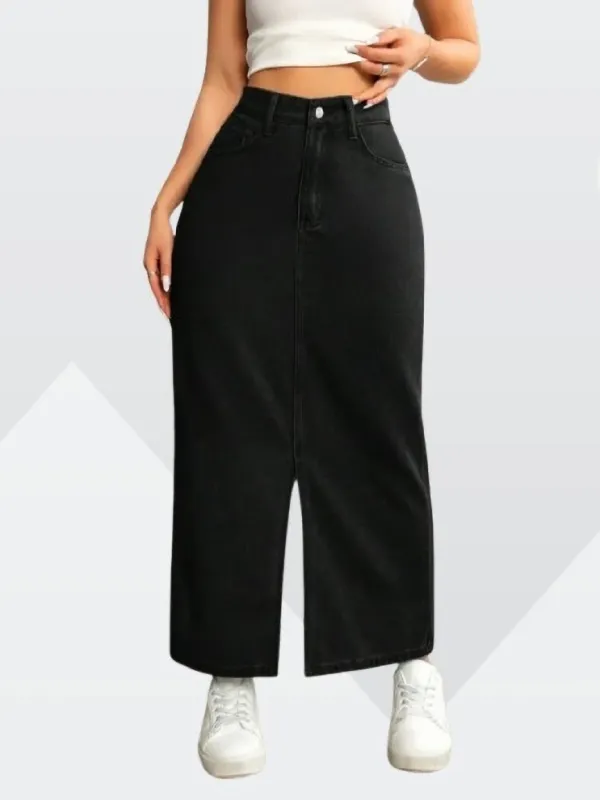Black_Denim_Regular_Solid_Skirt_For_Women