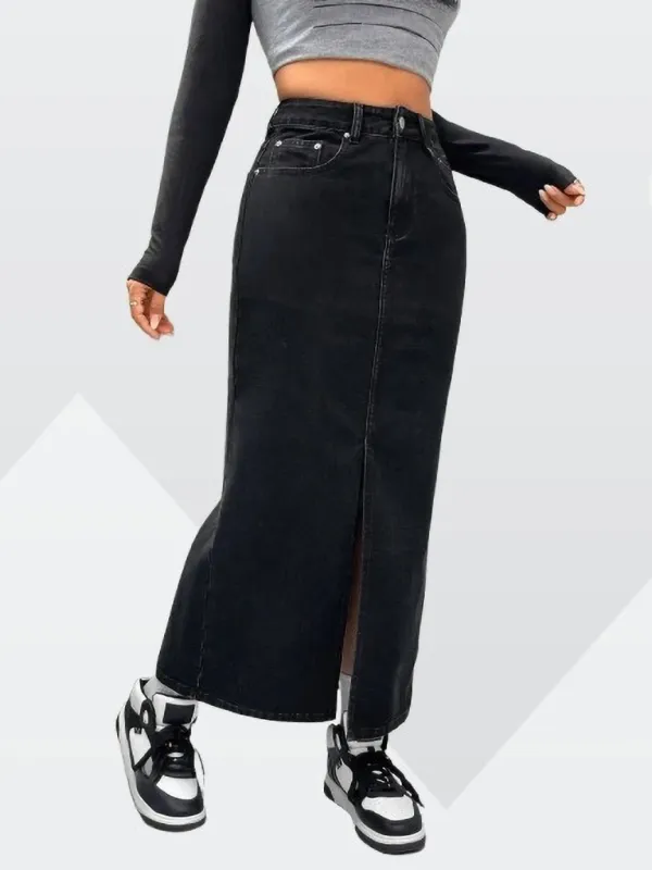 Black_Denim_Regular_Solid_Skirt_For_Women