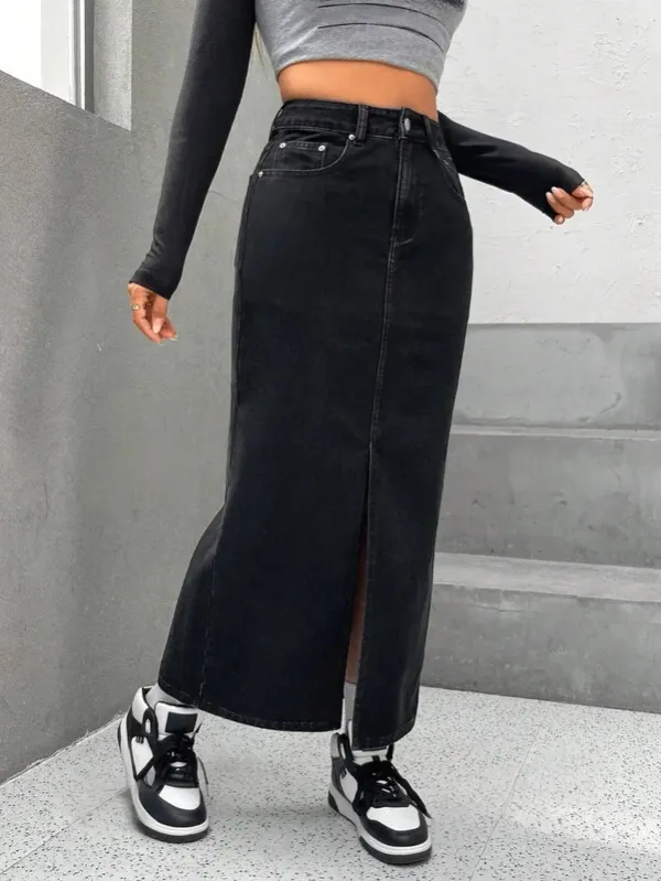Black_Denim_Regular_Solid_Skirt_For_Women