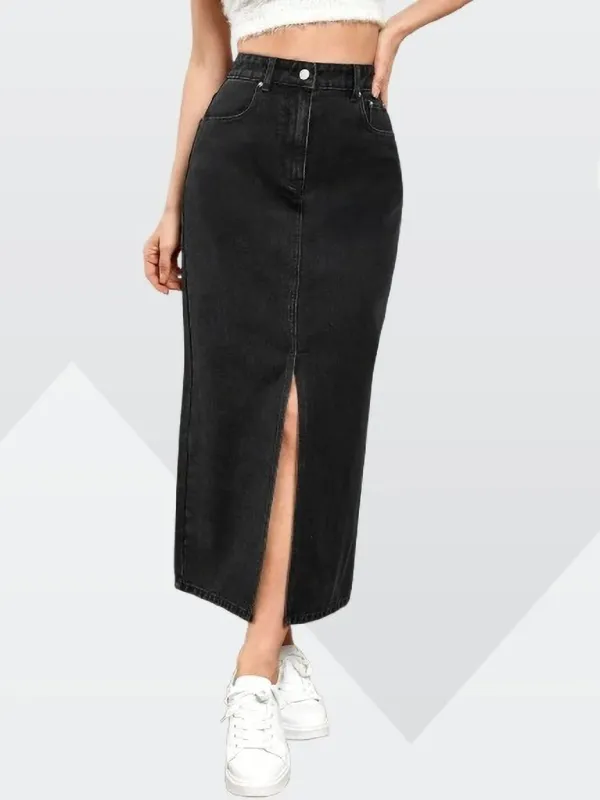 Black_Denim_Regular_Solid_Skirt_For_Women
