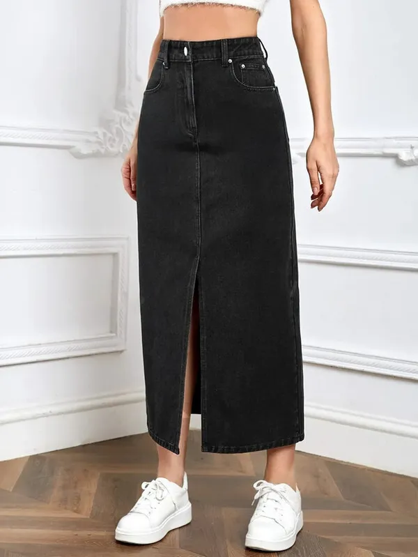 Black_Denim_Regular_Solid_Skirt_For_Women