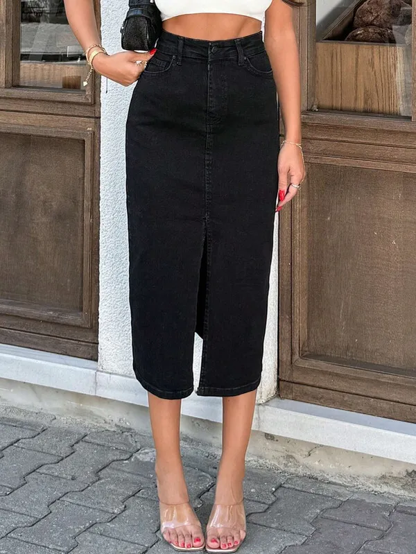 Black_Denim_Regular_Solid_Skirt_For_Women