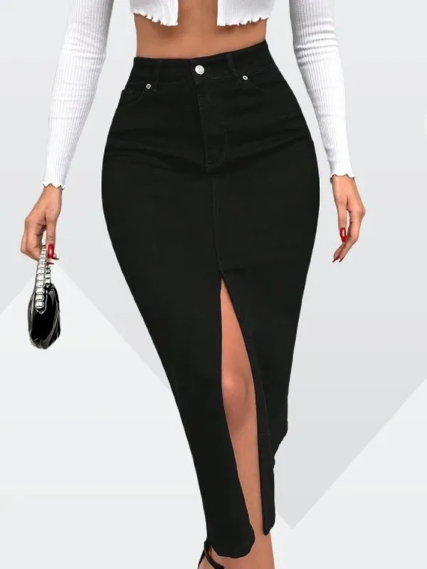 Black_Denim_Regular_Solid_Skirt_For_Women