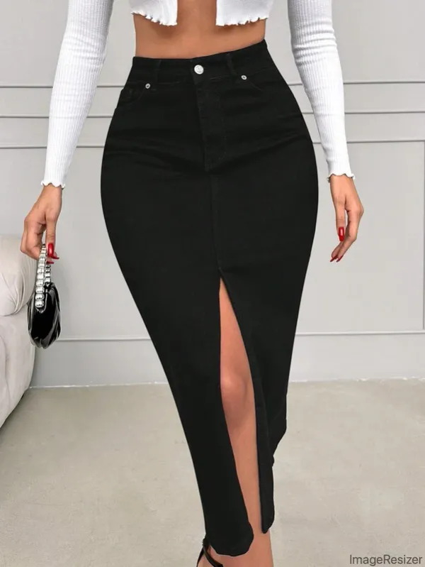 Black_Denim_Regular_Solid_Skirt_For_Women
