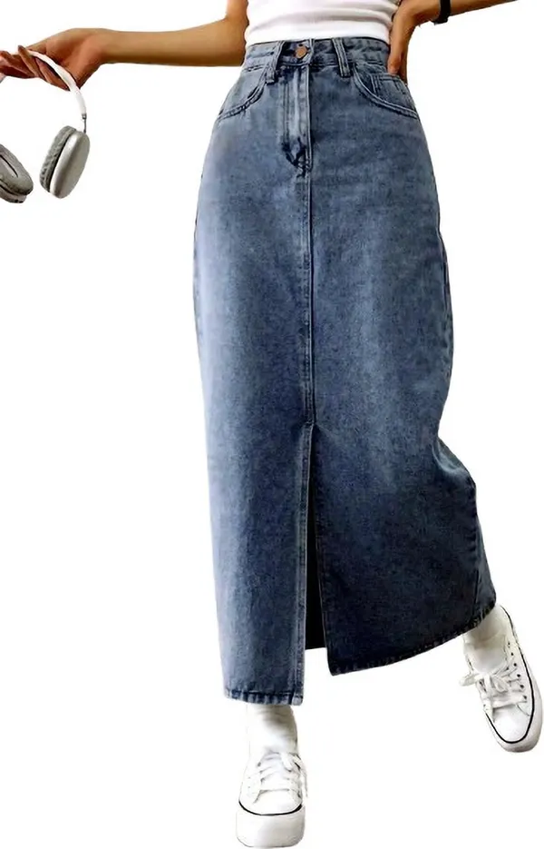 Blue_Denim_Regular_Solid_Skirt_For_Women