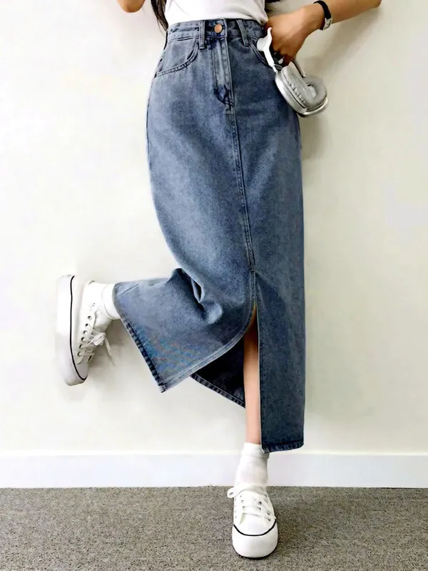 Blue_Denim_Regular_Solid_Skirt_For_Women