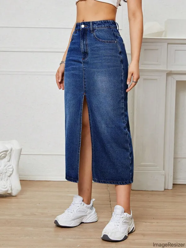 Blue_Denim_Regular_Solid_Skirt_For_Women