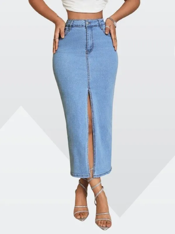 Blue_Denim_Regular_Solid_Skirt_For_Women
