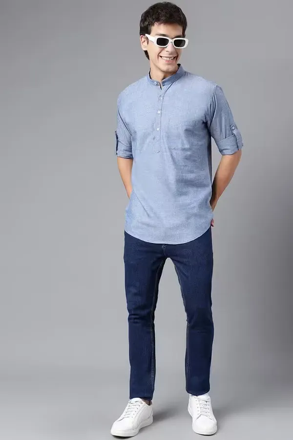 Blue_Solid_Cotton_Collared_Casual_Wear_Kurta_For_Men