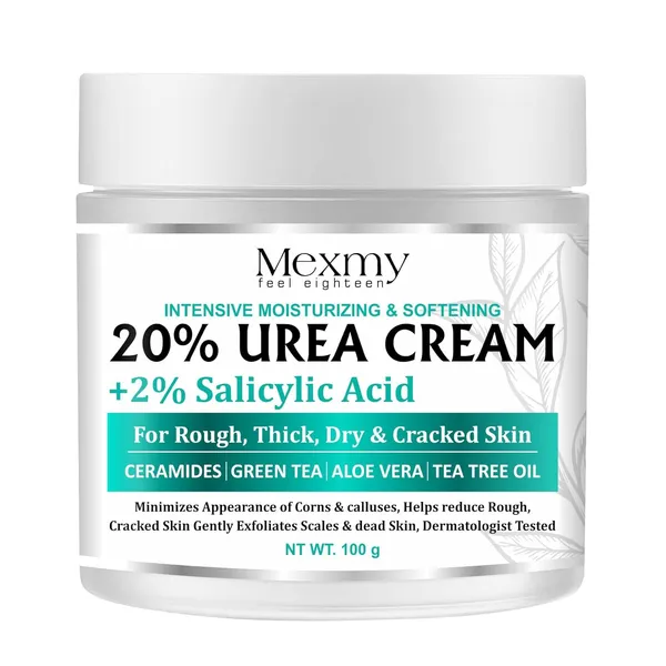 Mexmy_20%_Urea_Cream_+_2%_Salicylic_Acid_for_Cracked_Heels,_Calluses,_Corns_&_Dry_Skin_|_Intensive_Moisturizing_Cream_with_Ceramides,_Green_Tea,_Aloe_Vera_&_Tea_Tree_Oil_|_100g_(Pack_of_1)