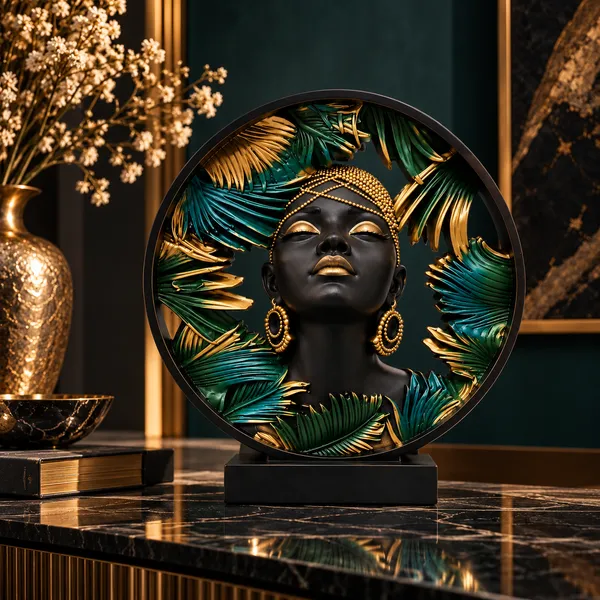 Black_Round_Woman_Bust_Tropical_Leaf_Showpiece