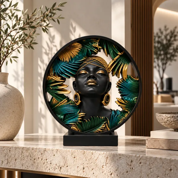 Black_Round_Woman_Bust_Tropical_Leaf_Showpiece