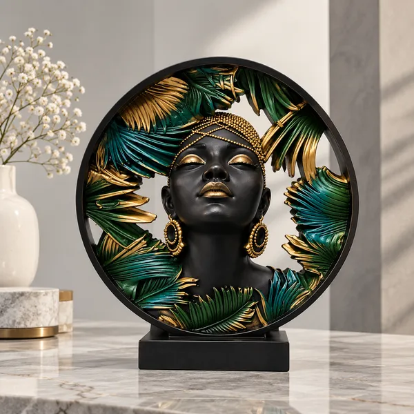 Black_Round_Woman_Bust_Tropical_Leaf_Showpiece