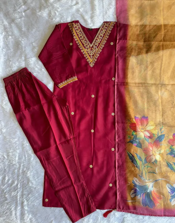 Maroon_Embroidered_Kurta_Set_With_Floral_Chanderi_Dupatta_For_Women