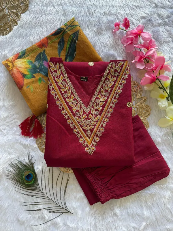 Maroon_Embroidered_Kurta_Set_With_Floral_Chanderi_Dupatta_For_Women