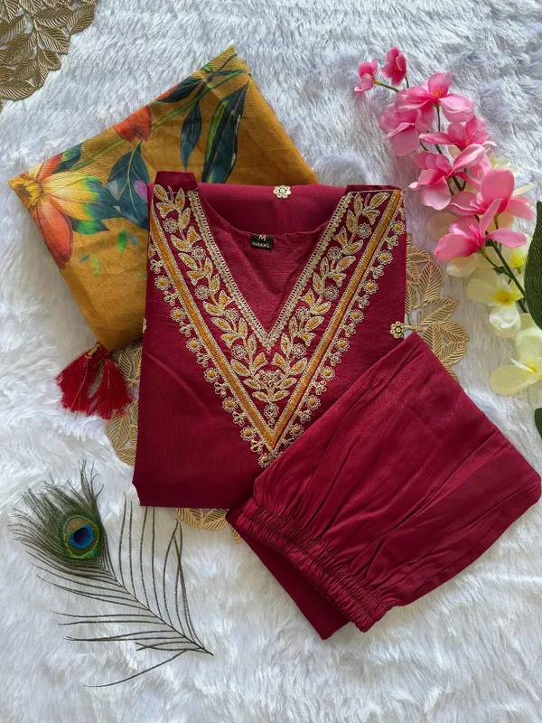 Maroon_Embroidered_Kurta_Set_With_Floral_Chanderi_Dupatta_For_Women