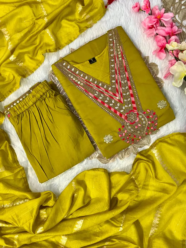 Olive_Green_Roman_Silk_Mirror_Work_Kurti_Set_With_Cotton_Silk_Dupatta_For_Women