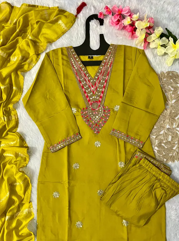 Olive_Green_Roman_Silk_Mirror_Work_Kurti_Set_With_Cotton_Silk_Dupatta_For_Women