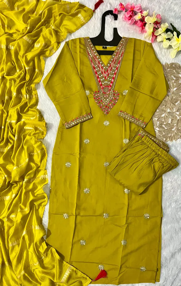 Olive_Green_Roman_Silk_Mirror_Work_Kurti_Set_With_Cotton_Silk_Dupatta_For_Women