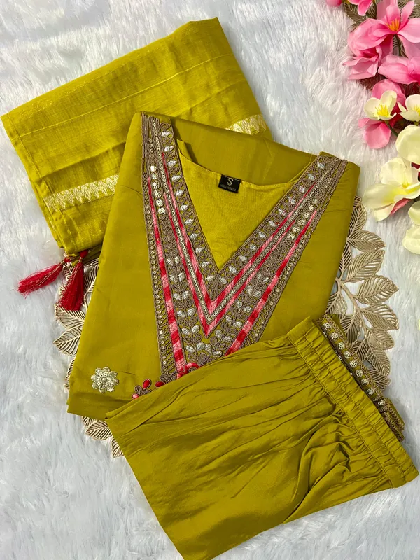 Olive_Green_Roman_Silk_Mirror_Work_Kurti_Set_With_Cotton_Silk_Dupatta_For_Women