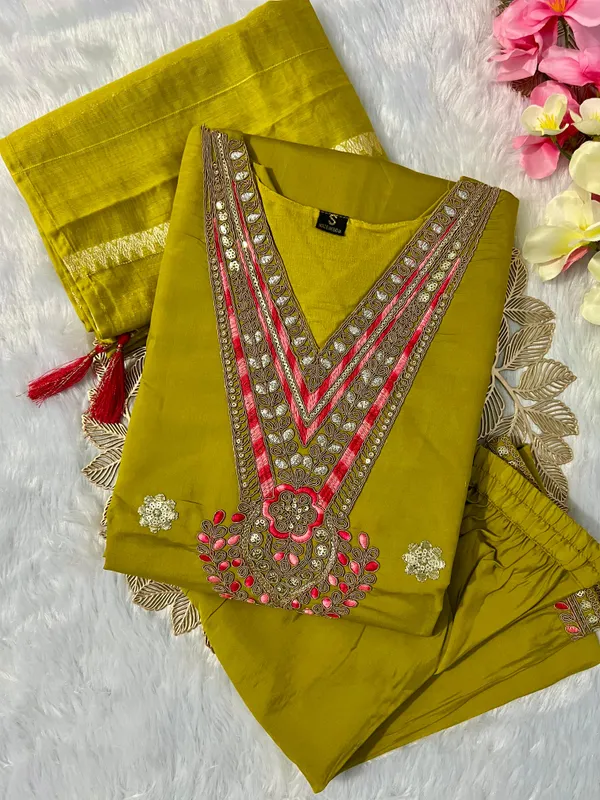 Olive_Green_Roman_Silk_Mirror_Work_Kurti_Set_With_Cotton_Silk_Dupatta_For_Women